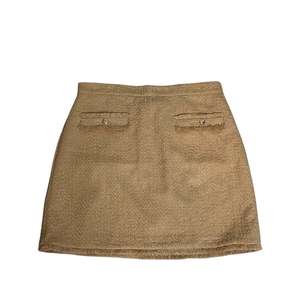 NWT Ann Taylor Tweed Bouclé Wool Blend Mini Skirt Tan Fringe 14 Neutral Career